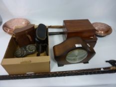 Smiths oak cased mantel clock, two pairs of binoculars, two copper warming pans, mahogany boxes,