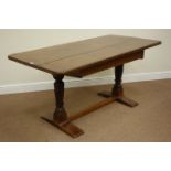 19th century and later medium oak rectangular refectory table on carved twin pedestal stretcher