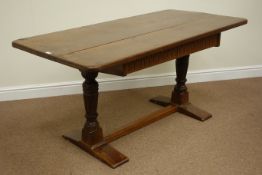 19th century and later medium oak rectangular refectory table on carved twin pedestal stretcher