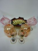 Hand blown iridescent glass bowl, pair Jack in the Pulpit vases,