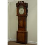 19th century mahogany longcase clock, 30 hour movement, painted enamel dial with church scenes,