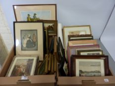 Early 19th Century hand coloured print of Scarborough and other pictures and prints in two boxes