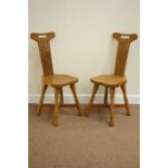 Yorkshire Oak - Pair 'Foxman' oak hall chairs, carved back splats, dish shaped seat,