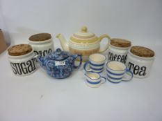 Four T G Green storage jars, 'Ringtons Biscuit Barrel', Ringtons teapot and trio.