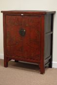 Early 20th century Chinese red lacquered two door moon cabinet, gilt decoration,