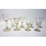 18th century cordial glass with folded foot H14cm and assorted wine glasses (8)