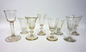 18th century cordial glass with folded foot H14cm and assorted wine glasses (8)