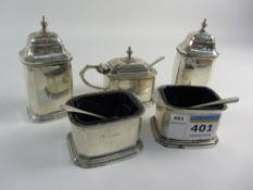 Five piece silver condiment set and three spoons approx 7oz plus blue glass liners by William Neale