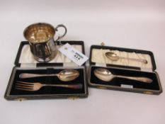 Hallmarked silver christening mug, fork and spoon,
