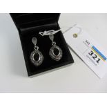 Pair of Whitby jet and marcasite drop ear-rings stamped 925
