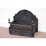 Neo Classical style cast iron fire grate, sliding ashtray with ornate front, brass finials, W53cm,