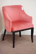 Tub shaped armchair upholstered in pink fabric and walnut balloon back chair with fret work splat,