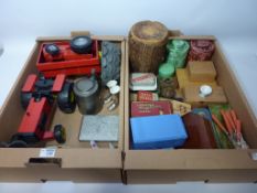 Carved wood chess set, early plastic jars, vintage tins, pewter tankard,