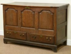 Early 19th century oak mule chest, hinged top fitted with two drawers to base,