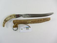 North American native dagger with antler handle and vellum sheath 33cm overall