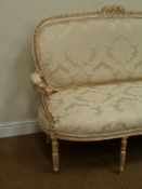 French Louis XVI style cream and gilt wood framed salon sofa upholstered in quality cream damask