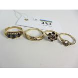 Four gold rings set with sapphires,