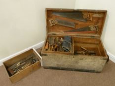 19th century pine tool chest and content - quantity of hand chisels, hand drills, wooden mallets,