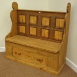 Waxed pine pew, fielded panel back, fitted with single drawer to the base,