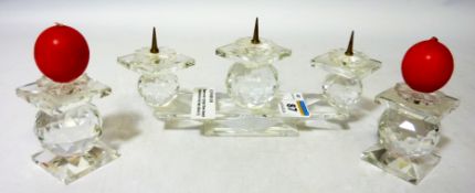 Swarovski crystal three branch candlestick and a pair of similar Swarovski crystal candle sticks H5.