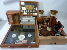 Two table top display cabinets, musical jewellery cabinet, collection of Fosters amber glazed seals,