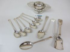 Silver tea strainer, set of six Art Deco silver teaspoons,