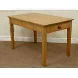 Late 19th century polished pine rectangular table, fitted with drawer to each end,