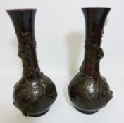 Pair Japanese Meiji period bronze vases decorated with birds on flowering branches H31cm