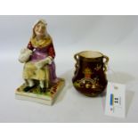 19th century Staffordshire figure 'The Cobbler's Wife' and a Carlton Ware 'Rouge Royale' squat vase