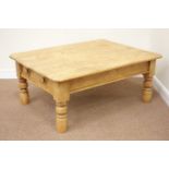 Rustic pine rectangular coffee table, fitted with single drawer, raised on turned legs,