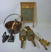 Brass jam pan, Reliance wash board, two 19th century fire irons,