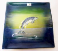 Large Eskdale Studio square ceramic platter hand painted with leaping fish W38cm