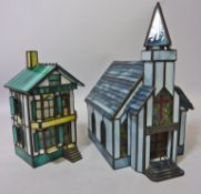 'Community Chapel' and 'The Painters Place' - two Bill Job leaded glass building lamps (require