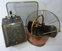 Art Nouveau period Toleware coal box with brass handle, copper coal helmet,