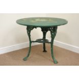 Britannia style green painted pub table with circular composite top, D91cm,