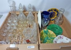 Wedgwood and other majolica plates, decanters,