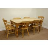 Rectangular pine dining table on turned base, fitted with single drawer (179cm x 90cm, H80cm),