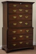 George III oak and mahogany banded chest on chest , with a moulded and dentil cornice,