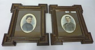 Pair late Victorian opalotype overpainted portrait photographs on opalescent glass,