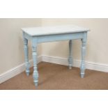 Rustic blue finish rectangular side table on turned base, 84cm x 52cm,