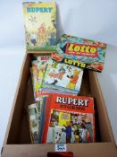 Books - vintage 'Rupert' books and a 'Lotto' game in one box