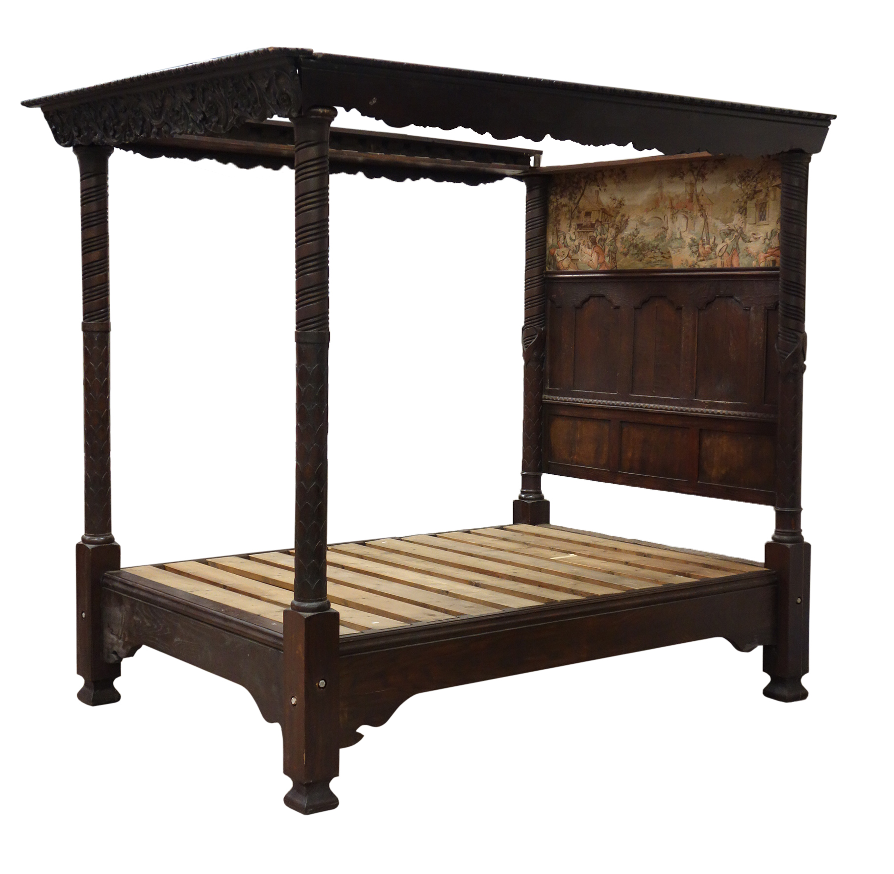 19th century and later four poster 5' bed, fielded panel back with tapestry hanging,