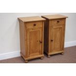 Pair reclaimed pine bedside cabinets fitted with single drawer and cupboard, W42cm,