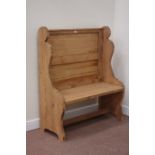 Waxed pine panelled back pew, W104cm, H122cm,