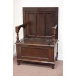 Early 20th century oak Monks bench, panelled back, hinged box storage seat, W78cm,