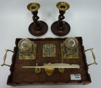 Late 19th/early 20th century oak and brass bound desk stand with cut glass inkwells and a pair of