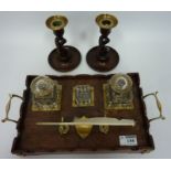 Late 19th/early 20th century oak and brass bound desk stand with cut glass inkwells and a pair of