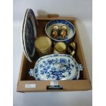 Pair Ironstone China willow pattern meat plates, Adams 'Cattle Scenery bowl, blue and white tureen,