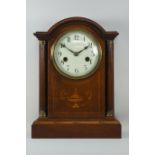 Edwardian inlaid oak mantle clock, shaped top, fitted with fluted columns,