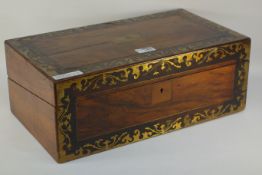 Victorian figure walnut lap desk crossbanded rosewood and inlaid brass fretwork W45cm H17cm